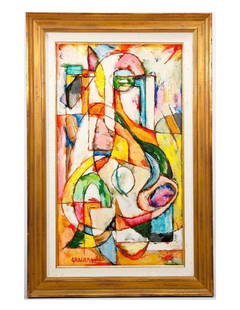 Ellwood Graham (1911-2007): Artist: (signed lower left) Graham Description/title: Abstract painting with fields of pink, green, yellow, orange, and white. Medium: Oil on board Dimensions: (sight size) 24" x 13 1/2", (frame