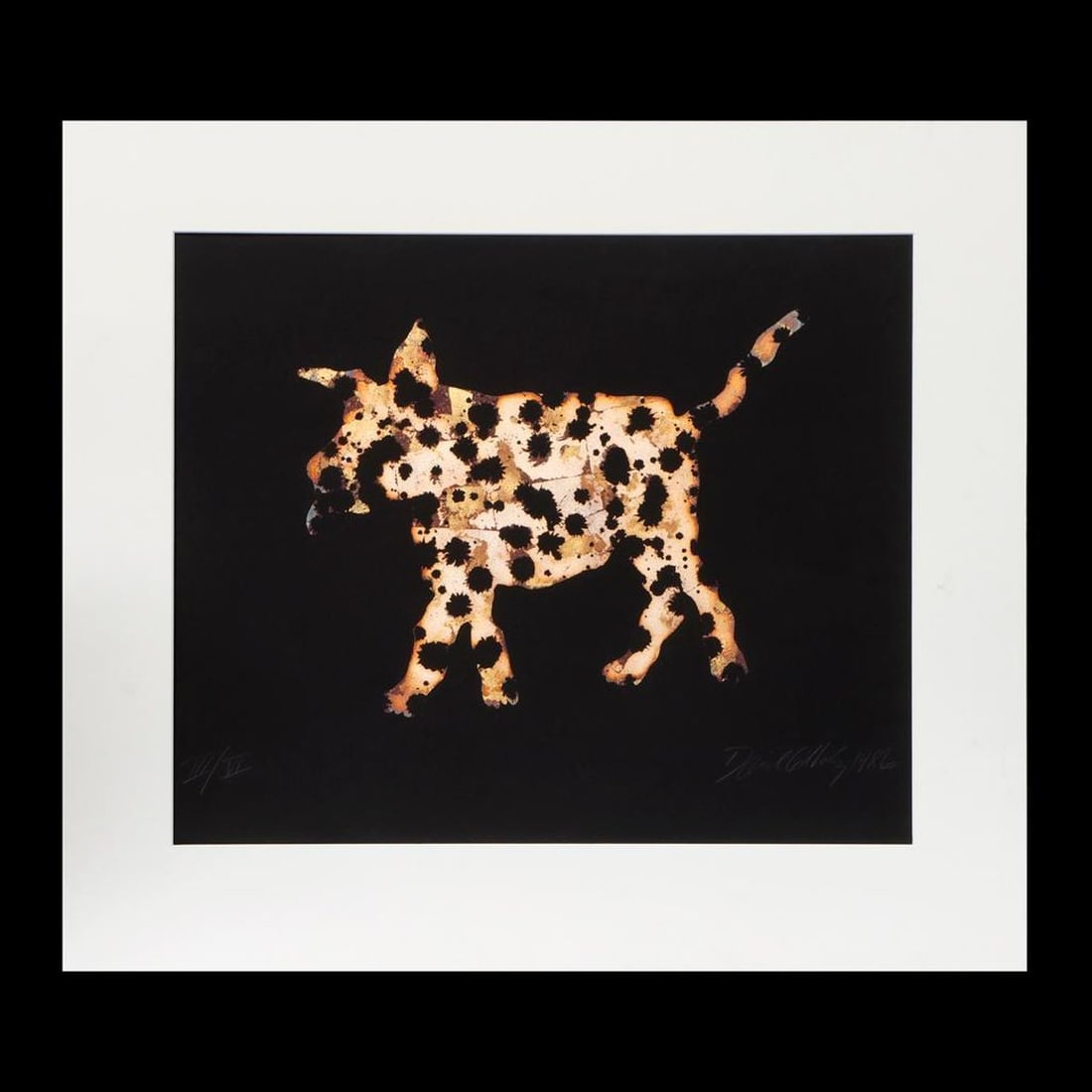 David Gilhooly (1943-2013): Artist: David Gilhooly (1943-2013). Titled: (verso) My Dog Spot. Signed and dated LR: David Gilhooly 1986. Numbered LL: III/VI (3/6). Medium: Monoprint with gold leaf. Dimensions: (Housing size) 30 x