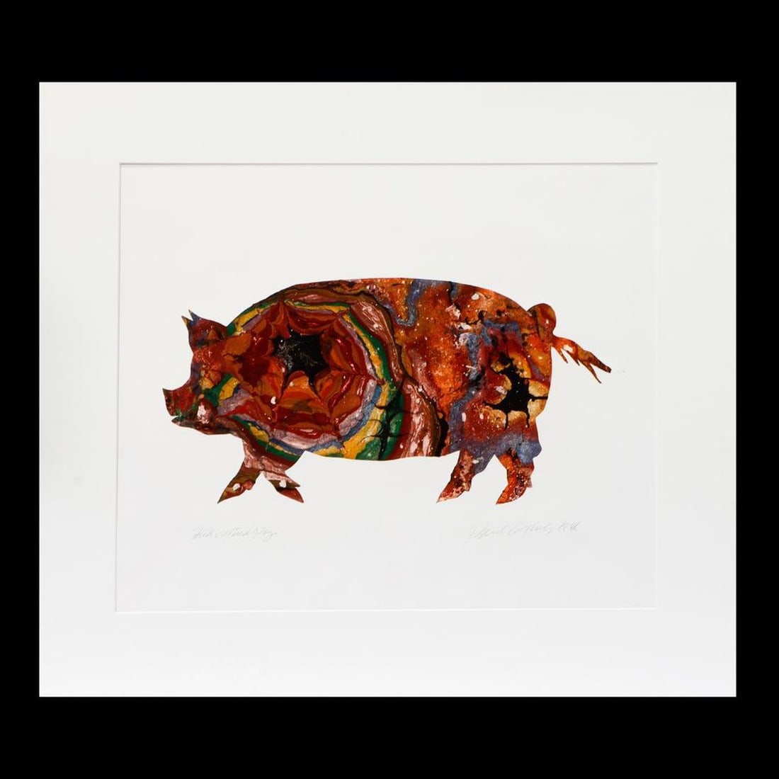 David Gilhooly (1943-2013): Artist: David Gilhooly (1943-2013). Titled LL: Fried and Died Hog. Signed and dated LR: David Gilhooly 1988. Medium: Monoprint. Dimensions: (Housing size) 30 x 34 inches; (Sight size) 21 3/4 x 25 inch