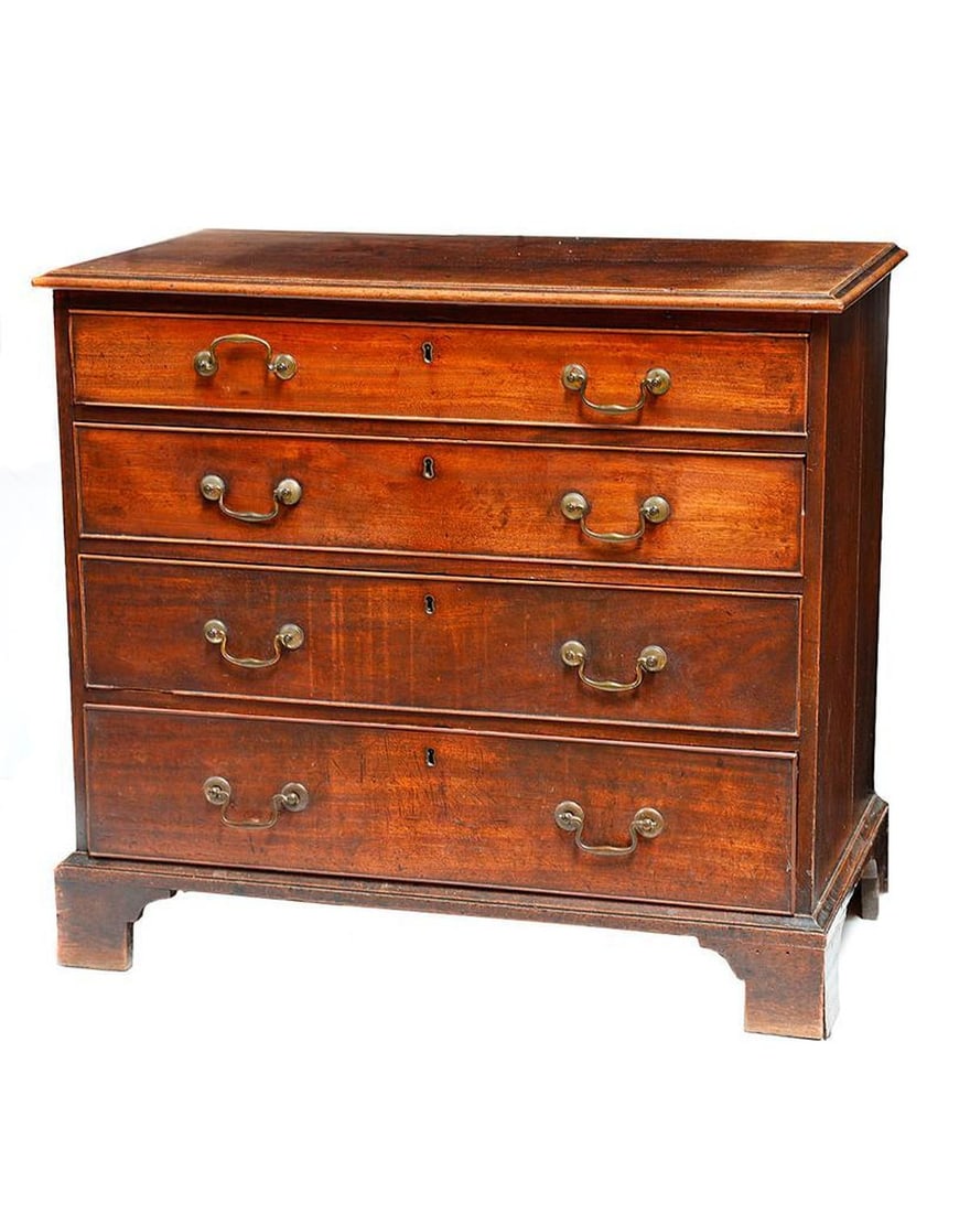 George III Mahogany Chest of Drawers.: Late 18th Century. 32 1/2in h x 36in w x 19 1/2in d. Condition: Some brasses appear to be original; small losses to beaded moldings on drawers and molded base; slight separation to boards on both case