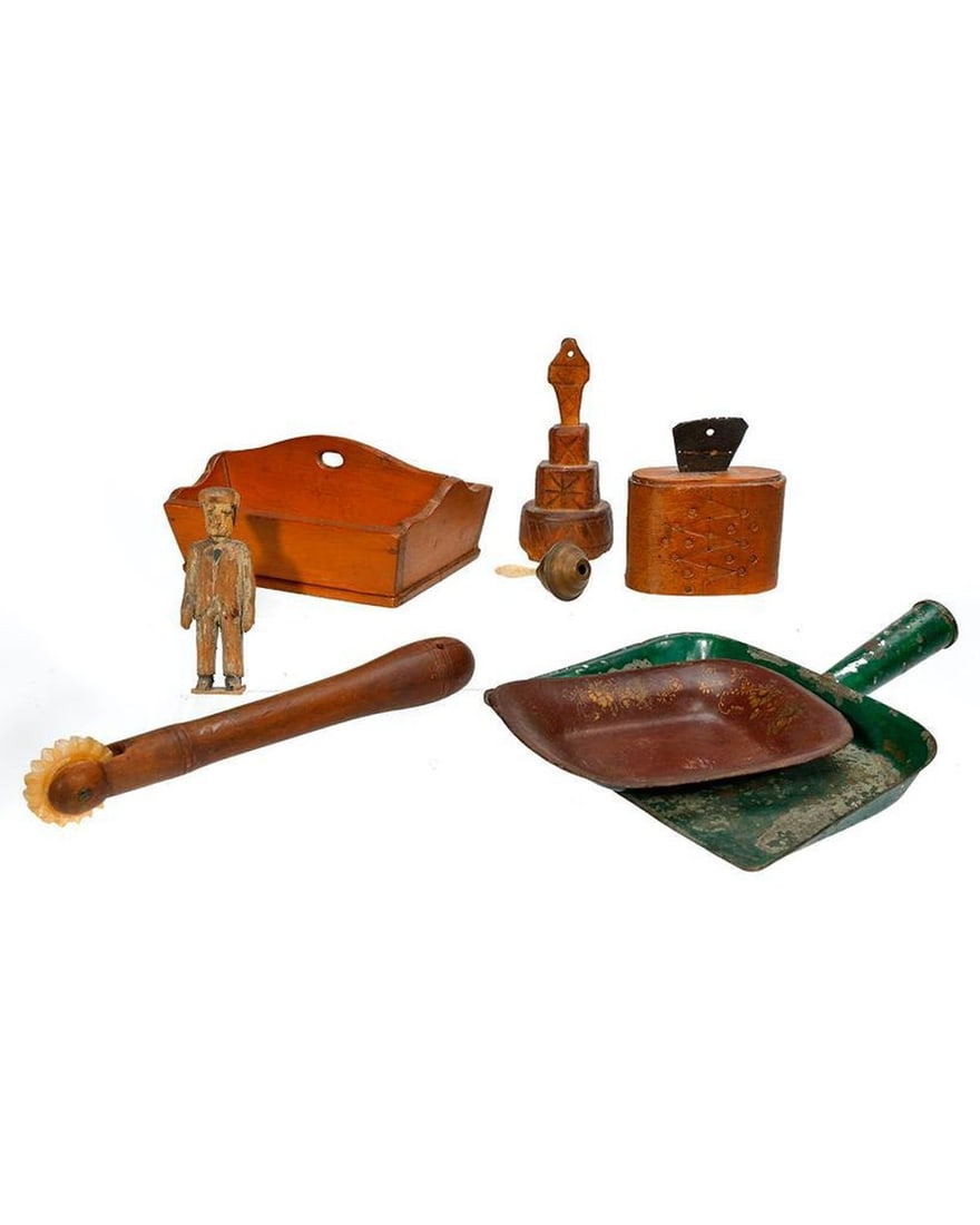 Group of Wood/Tin Kitchen Tools and Miniatures.: A miniature wood utensil tray; a carved/painted wood figure of man; a miniature rattle; a small bentwood box; a carved wood and bone pastry cutter; a carved wood stamp/press of "JS"; a small painted t