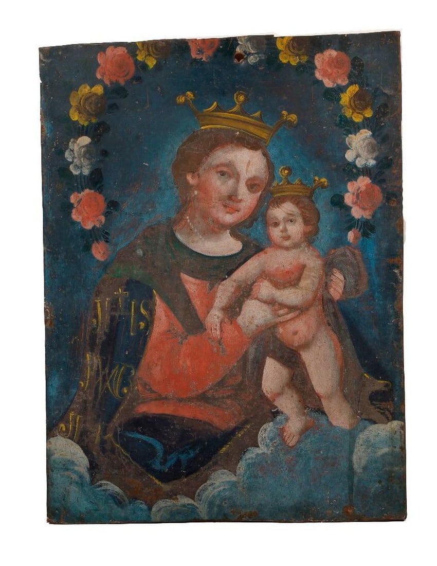 A Mexican Retablo of Our Lady of Refuge.: 19th/20th Century Mexican School. A Mexican retablo of Our Lady of Refuge. Oil on tin. Unsigned. 13" H x 9 6/8" W (unframed). Condition: Visual: Grime, varnish discoloration, wear to tin, and loss of