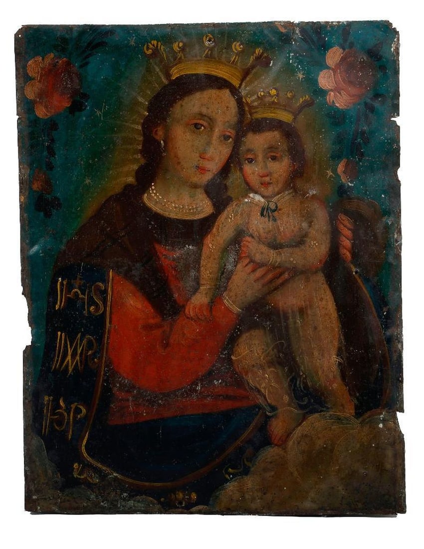 A Mexican Retablo of Our Lady of Refuge.: 19th/20th Century Mexican School. A Mexican retablo of Our Lady of Refuge. Oil on tin. Unsigned. 13" H x 10" W (unframed). Condition: Visual: Grime, varnish discoloration, wear to tin, and loss of pig