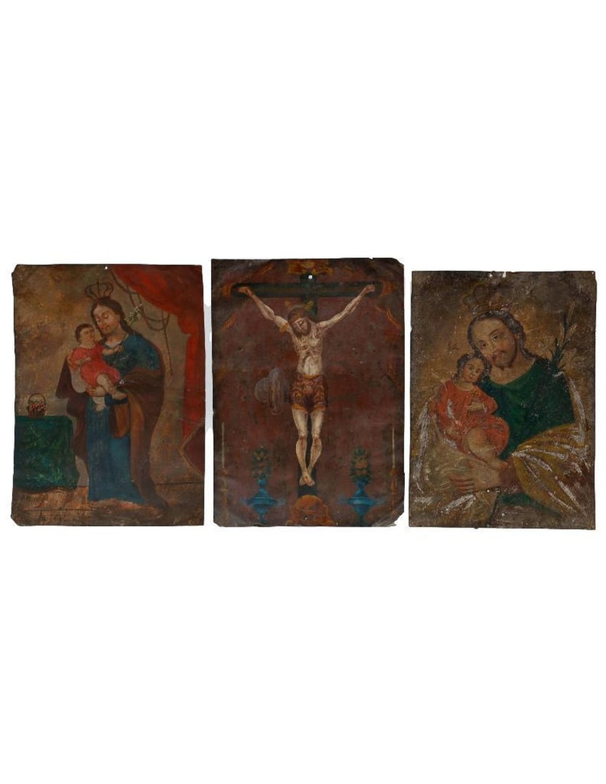 Three Mexican Retablos, St. Joseph, and the Crucifixion. (1 of 2)