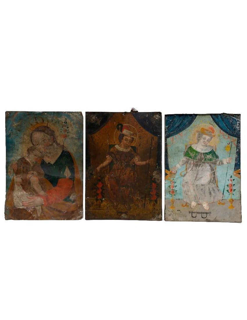 Three Mexican Retablos, Child of Atocha, and Mary.: 19th/20th Century Mexican School. Three Mexican retablos: the Holy Child of Atocha (two), and Our Lady of Refuge. Oil on tin. Unsigned. Each approx. 14" H x 10" W (unframed). Condition: Visual: Grime,