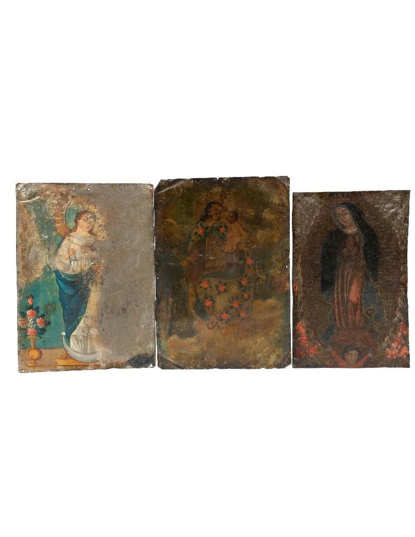 Three Mexican Retablos of Mary.: 19th/20th Century Mexican School. Three Mexican retablos: Our Lady of Guadalupe, Our Lady of Mount Carmel, and Mother and Child (half of the painting is worn off). Oil on tin. Unsigned. Ranging from 1