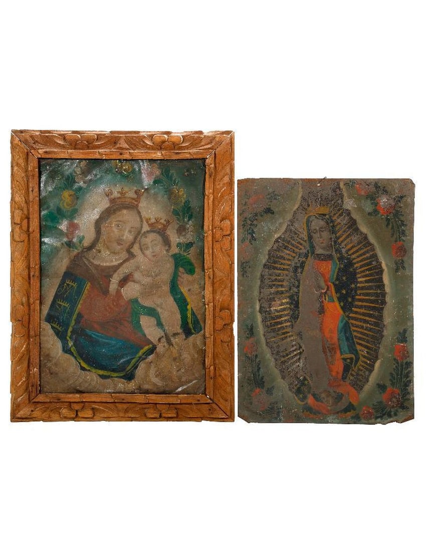 A Mexican Retablo of Our Lady of Refuge, with another.: 19th/20th Century Mexican School. A Mexican retablo of Our Lady of Refuge, in carved frame. Together with Our Lady of Guadalupe. Oil on tin. Unsigned. Both approx. 14" H x 10" W (one framed 16 7/8" x
