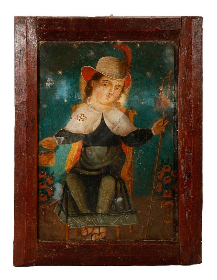 A Mexican Retablo of the Child of Atocha.: 19th/20th Century Mexican School. A Mexican retablo of the Holy Child of Atocha. Oil on tin. Unsigned. 13 1/2" H x 9 3/4" W (frame 16" x 12 1/4"). Condition: Visual: Grime, varnish discoloration, wear