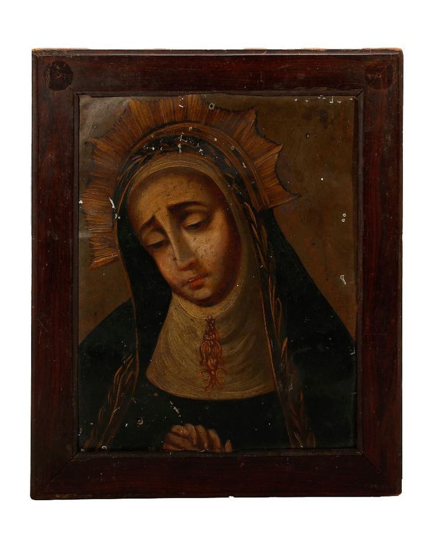 A Mexican Retablo of Our Sorrowful Mother.: 19th/20th Century Mexican School. A Mexican retablo of Our Sorrowful Mother. Oil on tin. Unsigned. 10 3/4" H x 8 1/2" W (framed 13" x 11"). Condition: Visual: Grime, varnish discoloration, wear to tin
