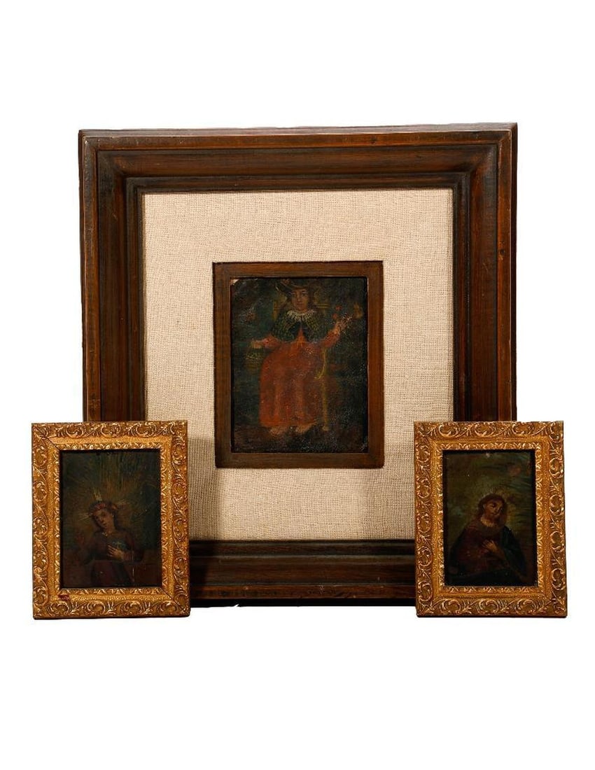 Three Mexican Miniature Retablos.: 19th/20th Century Mexican School. Three Mexican retablos/ex-votos: the Holy Child of Atocha, Saint Joseph, and another. Oil on tin. Unsigned. 4 3/4" H x 3 1/2" (framed 12 1/4" H x 11" W); and the smal