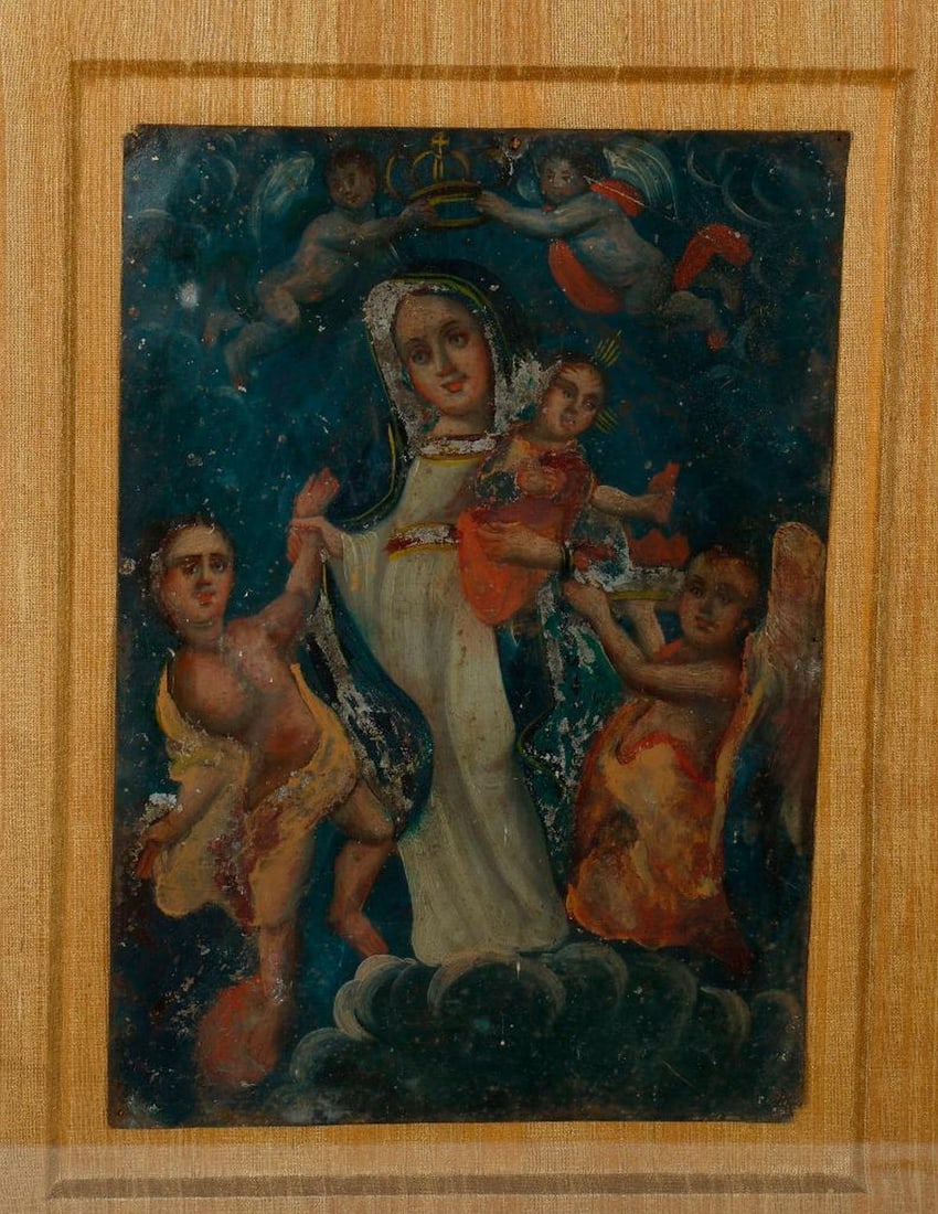 A Mexican Retablo of Our Lady of Light.: 19th/20th Century Mexican School. A Mexican retablo of Our Lady of the Light. Oil on tin. Unsigned. 10" H x 7" W (frame 17" x 14"). Condition: Visual: Grime, varnish discoloration, wear to tin, and lo
