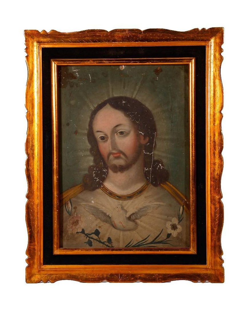 A Mexican Retablo of Jesus and the Dove.: 19th/20th Century Mexican School. A Mexican retablo of Jesus and the dove. Oil on tin. Unsigned. 14" H x 10" W (frame 18 1/4" x 14 1/4"). Condition: Visual: Grime, varnish discoloration, wear to tin,