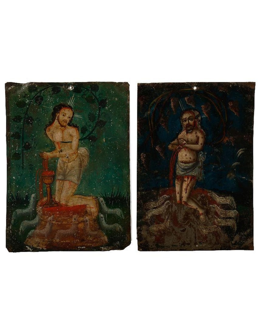 Two Mexican Retablos of the Man of Sorrows.: 19th/20th Century Mexican School. Two Mexican retablos of the Eucharistic Man of Sorrows. Oil on tin. Unsigned. Each approx. 10" H x 7" W (unframed). Condition: Visual: Grime, varnish discoloration, w