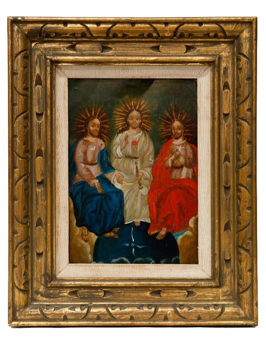 A Mexican Retablo of the Holy Trinity, framed. (1 of 2)