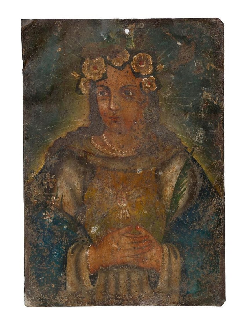 A Mexican Retablo of the Soul of Mary.: 19th/20th Century Mexican School. A Mexican retablo of the Soul of Mary. Oil on tin. Unsigned. 10 1/4" H x 7" W (unframed). Condition: Visual: Grime, varnish discoloration, wear to tin, and loss of pi