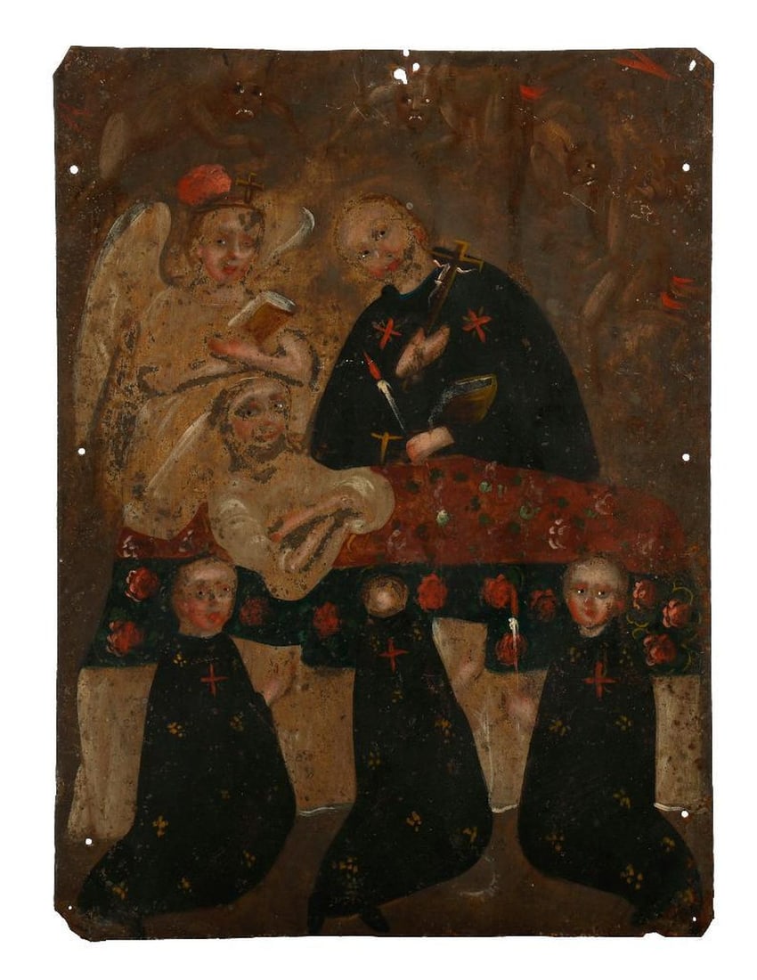 A Mexican Retablo of St. Camillus de Lellis.: 19th/20th Century Mexican School. A Mexican retablo of Saint Camillus de Lellis, with an angel and three kneeling figures in the foreground. Oil on tin. Unsigned. 13 1/2" H x 10" W. Condition: Visual: