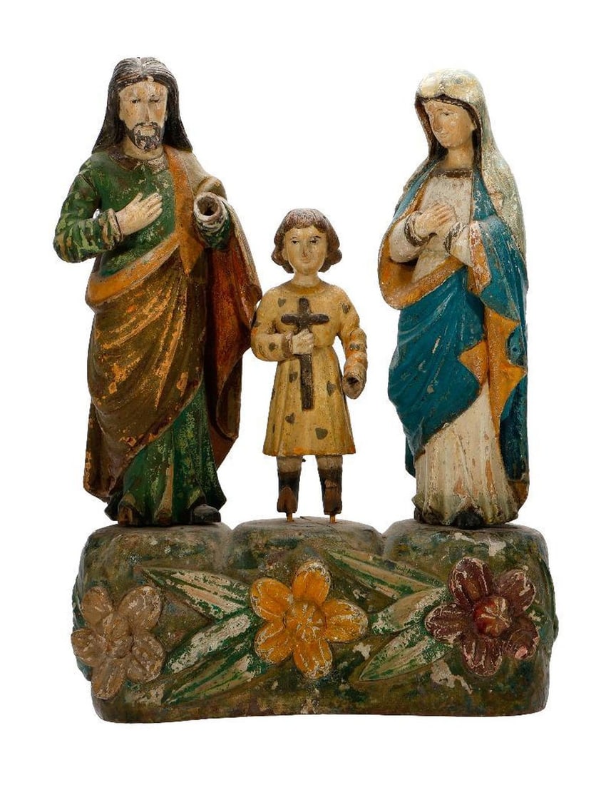 Polychrome Wood Holy Family.: The figures with posts to insert into carved floral base; approx. 15 1/2" x 11" x 4" overall. Condition: Joseph and Jesus missing hands; cracks, wear/loss to paint. Provenance: Private Collection, Nor