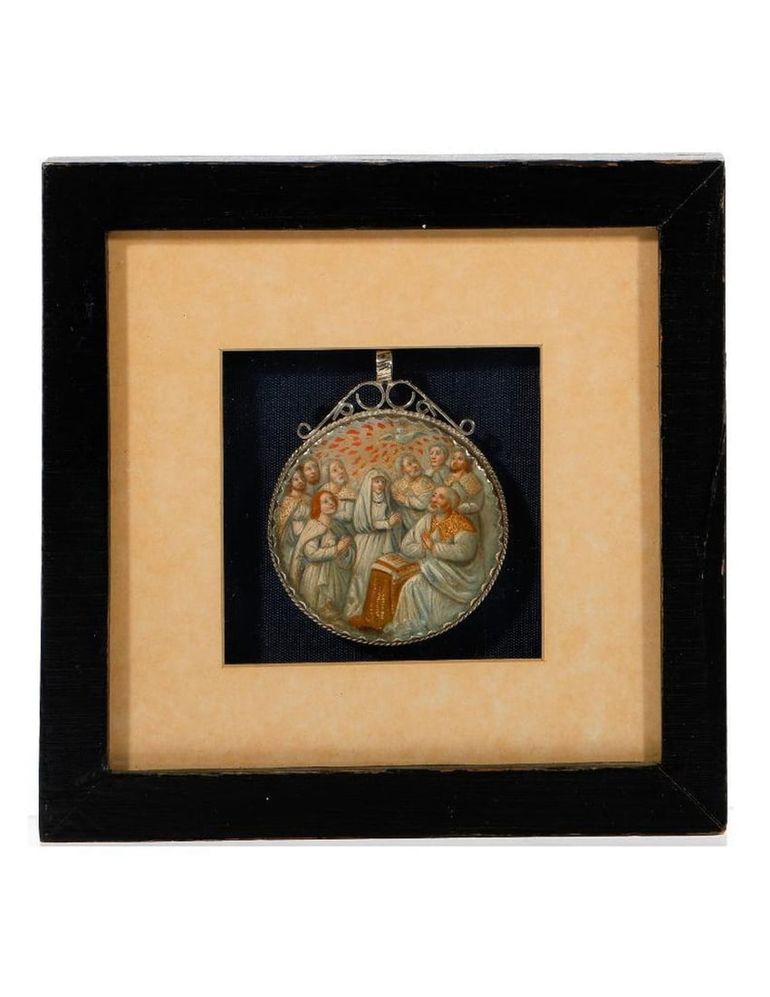 Mother-of-Pearl Relicario Medallion, framed.: 20th Century, South American. A silver metal medallion with a miniature painting on mother-of-pearl; depicting God and supplicants with a dove overhead; 2" diam., 2 1/2" long total (frame 5 3/4" x 5 3