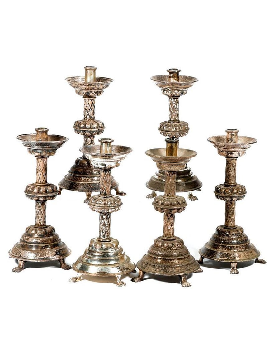 Set of Six Silver Metal Candlesticks, c. 19th Century. (1 of 2)