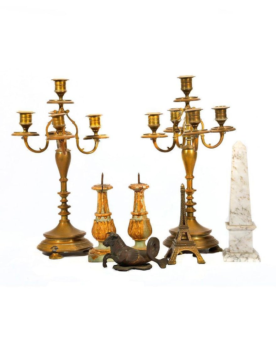 Pair of Brass Candelabra, with various table articles. (1 of 3)
