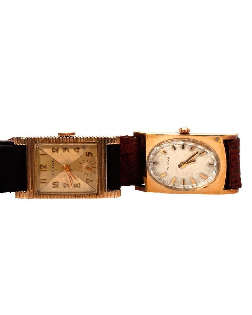 Two Vintage Bulova Art Deco Tank Watches: Two Vintage Art DecoStyle Bulova Tank Shape 10k R.G.P Watches. NOTE: Watches were running prior to auction, all watches are sold as is regardless of functionality. Please examine the provided photos t