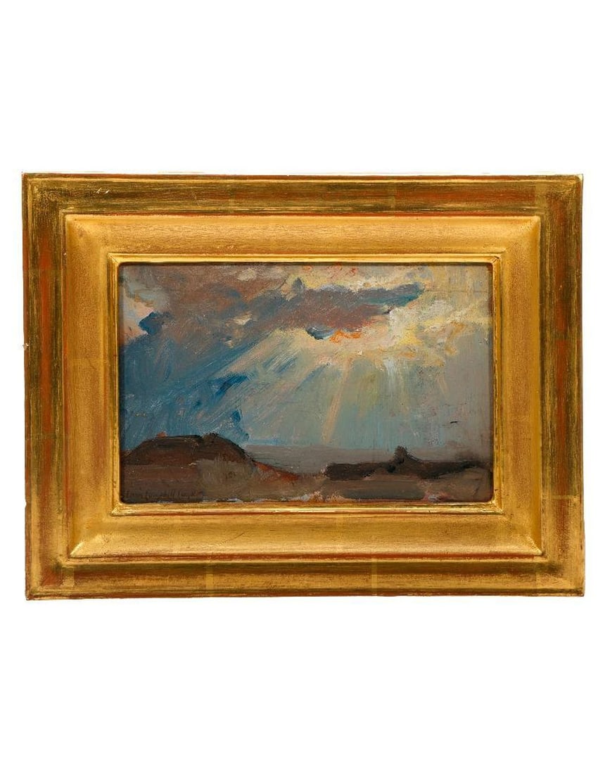 Colin Campbell Cooper (1856 - 1937): Artist: Colin Campbell Cooper (1856 - 1937) Title: Clouds and Sun With Golden Rays. Size: 4 3/4" x 7" Year Created: not given Signature: Signed Medium/Ground: Oil on board. Note: Sullivan Goss Gallery