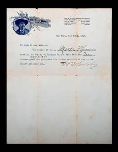 Buffalo Bill Cody Signed Letter.: CODY, WILLIAM FREDERICK (BUFFALO BILL). 1846-1917. A one-page typed letter signed on Buffalo Bill's Wild West letterhead, New York, Oct 18th, 1897. 11" x 8 1/2". Signed: "W.F. Cody." The typed/filled-