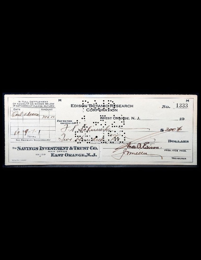 Thomas Edison Signed Business Check. (1 of 2)