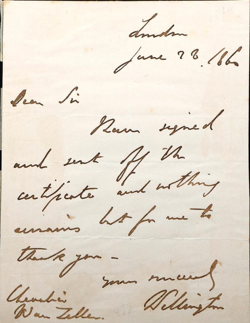 Wellington Signed Letter, 1860. (1 of 2)
