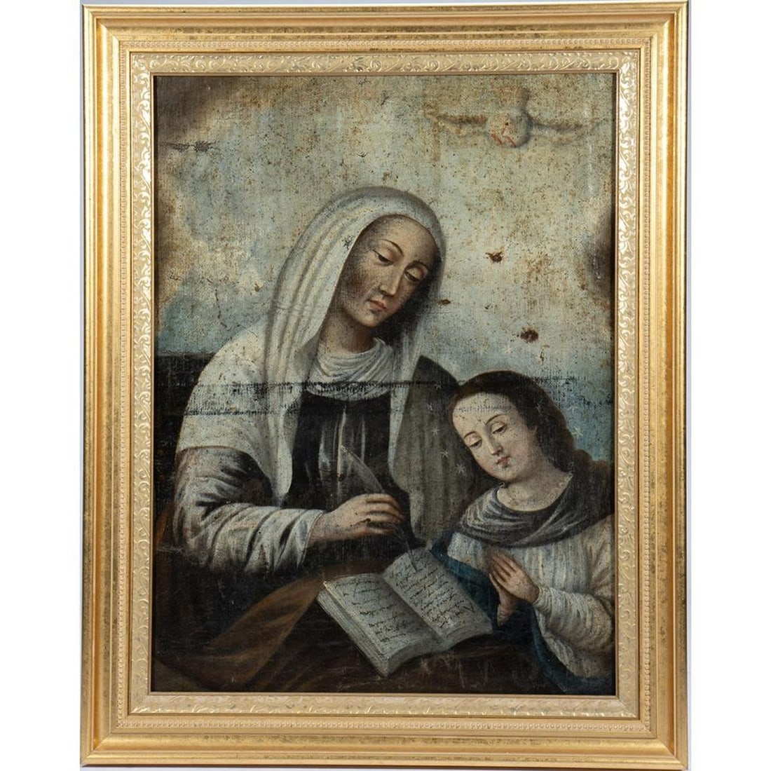 European School (19th Century).: Title/Description: Saint Anne with the Virgin. Medium: Oil on linen. Dimensions: 22" x 16" (image); 26" x 20" (frame). Condition: craquelure throughout, two horizontal creases/rubs in center of image,