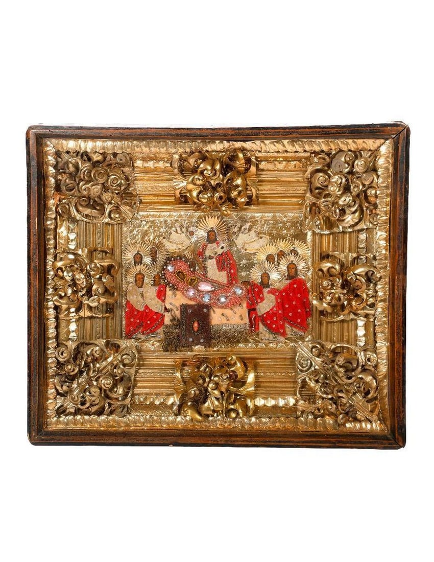 An Icon of the Dormition of Theotokos with Beaded Shroud, in Kiot.: Eastern Europe, 19th/20th Century. A painted icon of the Dormition of Theotokos, the Mother of God, with beaded and faux jeweled shroud, Christ standing beside her with the swaddled Soul of the Virgin