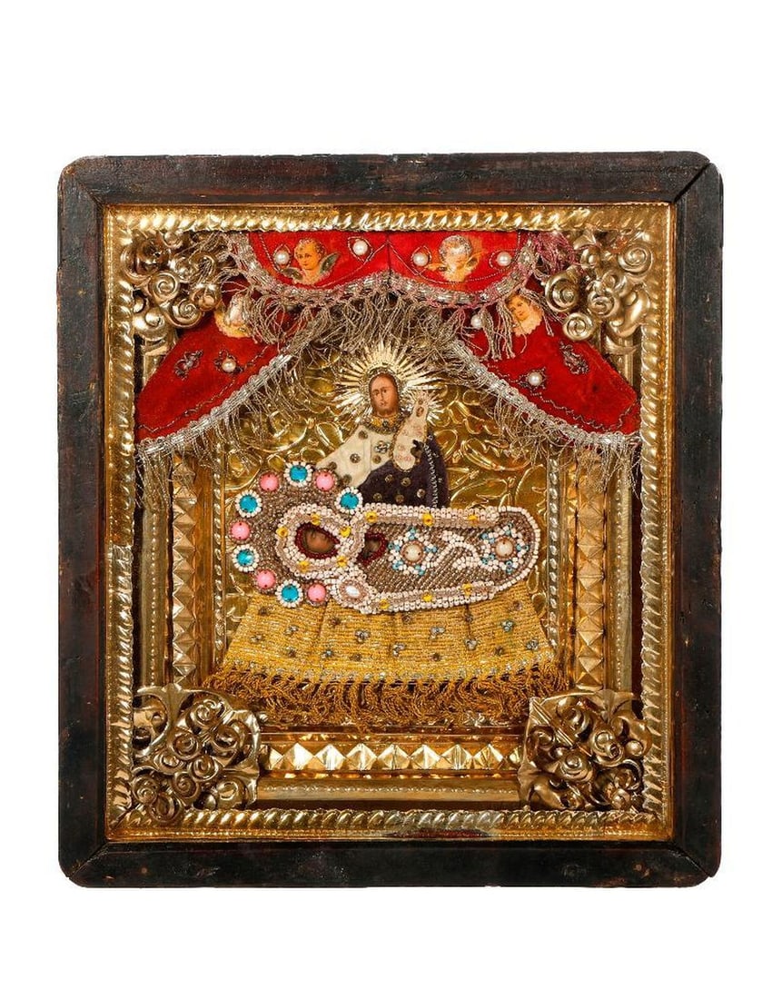 An Icon of Christ and the Theotokos with Beaded Shroud, in Kiot.: Eastern Europe, 19th/20th Century. A painted icon of the Dormition of the Theotokos, the Mother of God, with beaded and faux jeweled shroud and appears to be one freshwater pearl, Christ standing besi