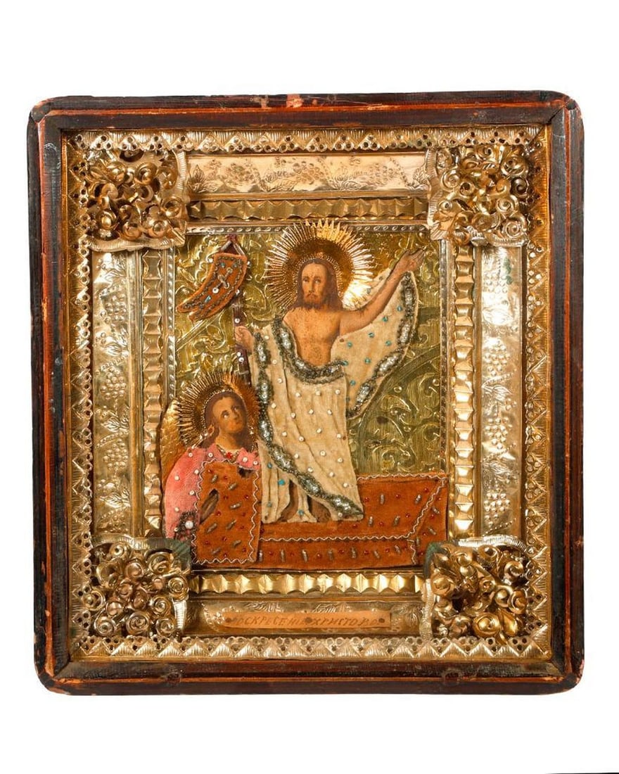 An Icon of the Resurrection in Kiot.: Eastern Europe, 19th/20th Century. A painted icon of the Resurrection with an angel, the garments of beaded trimmed velvet, with foil oklad and ornate foil liner in a rectangular shadowbox frame/kiot;