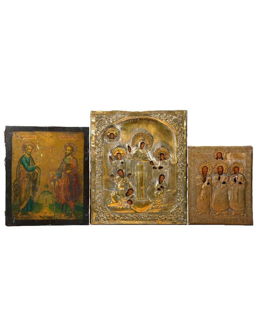 An Icon of Early Bishops, with two others.: Eastern Europe, 20th Century. Two icons, tempera on wood, with brass oklads: Early Bishops with Christ above (8 1/4" x 6 3/4"); and the Theotokos flanked by angels and supplicants (12" x 10 1/2"). Tog