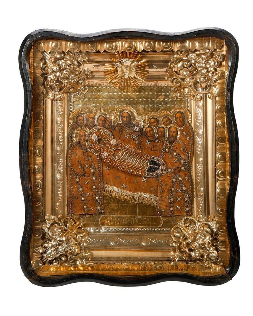 An Icon of Christ and the Theotokos with Beaded Shroud, in Kiot.: Eastern Europe, 19th/20th Century. A painted icon of the Dormition of the Theotokos, the Mother of God, with beaded shroud, surrounded by saints/supplicants, and Christ standing beside her with the sw
