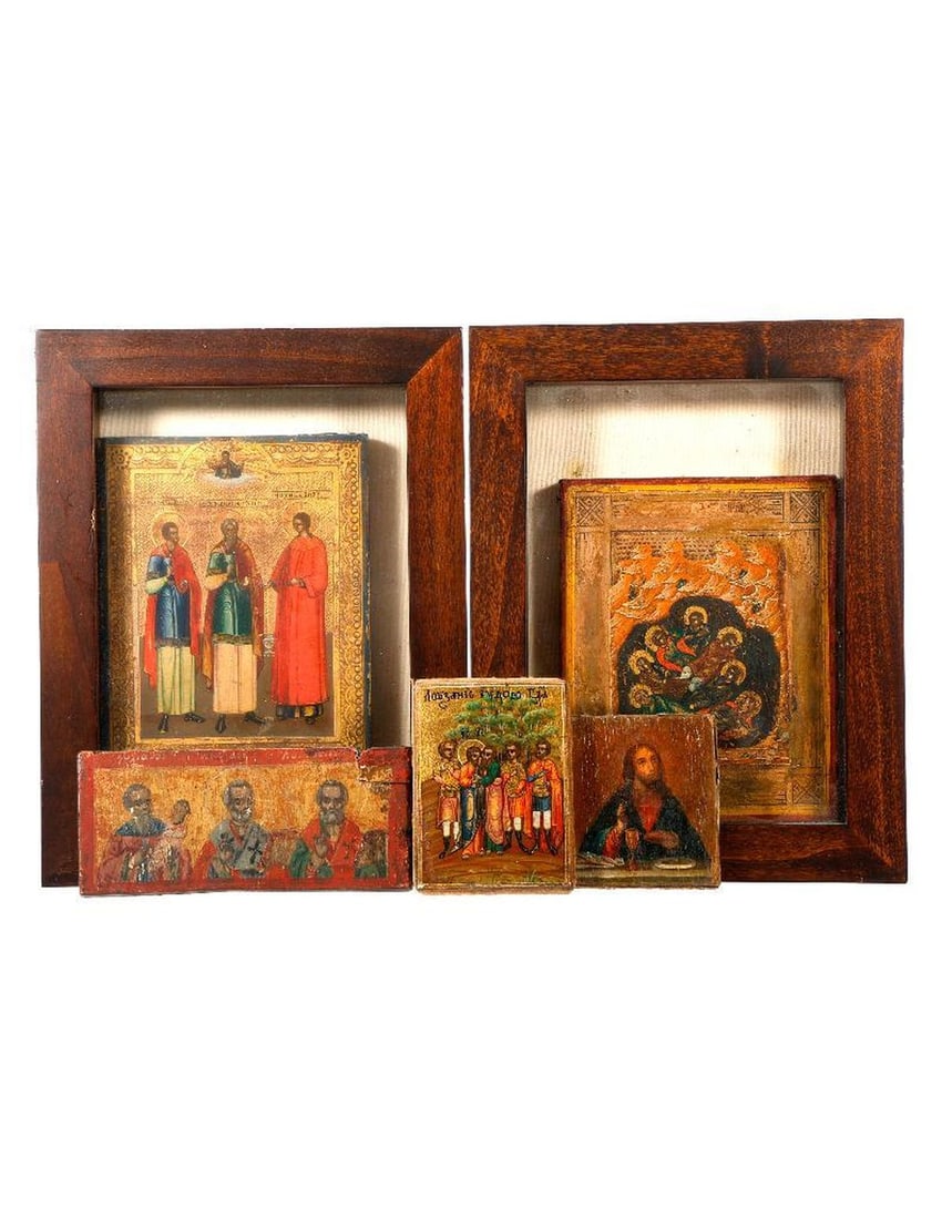 Collection of Small Icon Panels.: Eastern Europe, 19th/20th Century. Group of five small icons, tempera and gilt-painted on wood panels. Two depicting a trio of saints with Christ above, the other the Seven Sleepers of Ephesus (with c