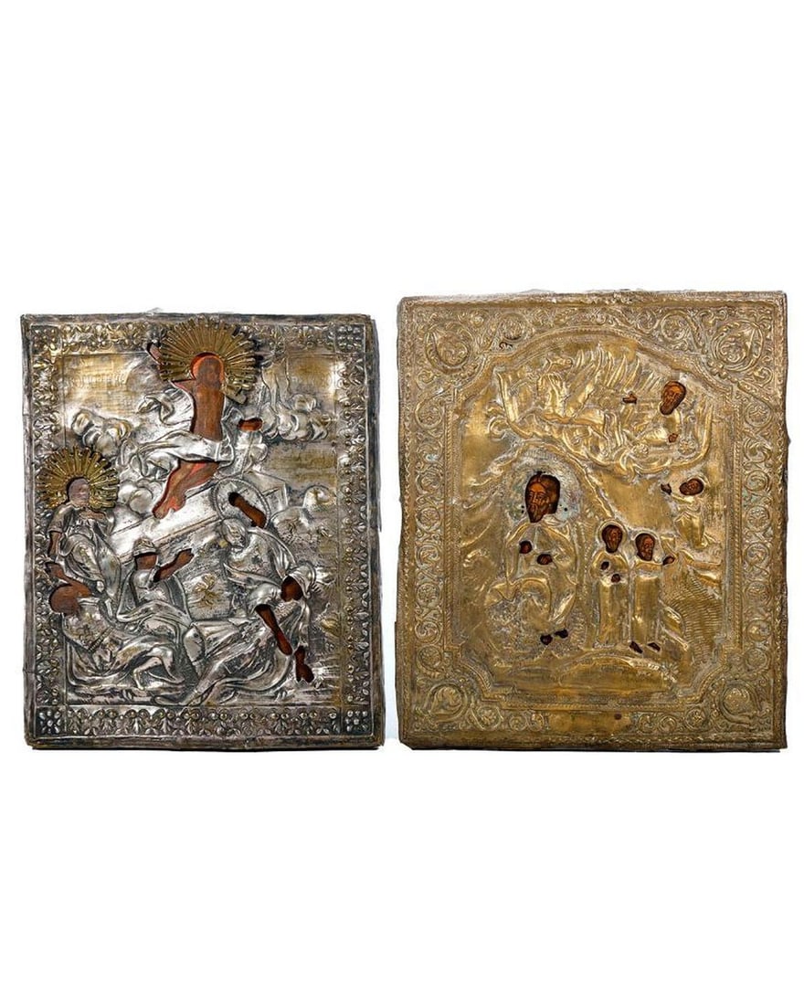 Two Icons, the Resurrection and the Prophet Elijah.: Eastern Europe, 19th/20th Century. Two icons, tempera on wood panel, with brass/gilt-metal oklads; depicting the Resurrection (11 3/4" x 9 6/8"), and the Prophet Elijah and Fiery Chariot (12 1/4" x 10