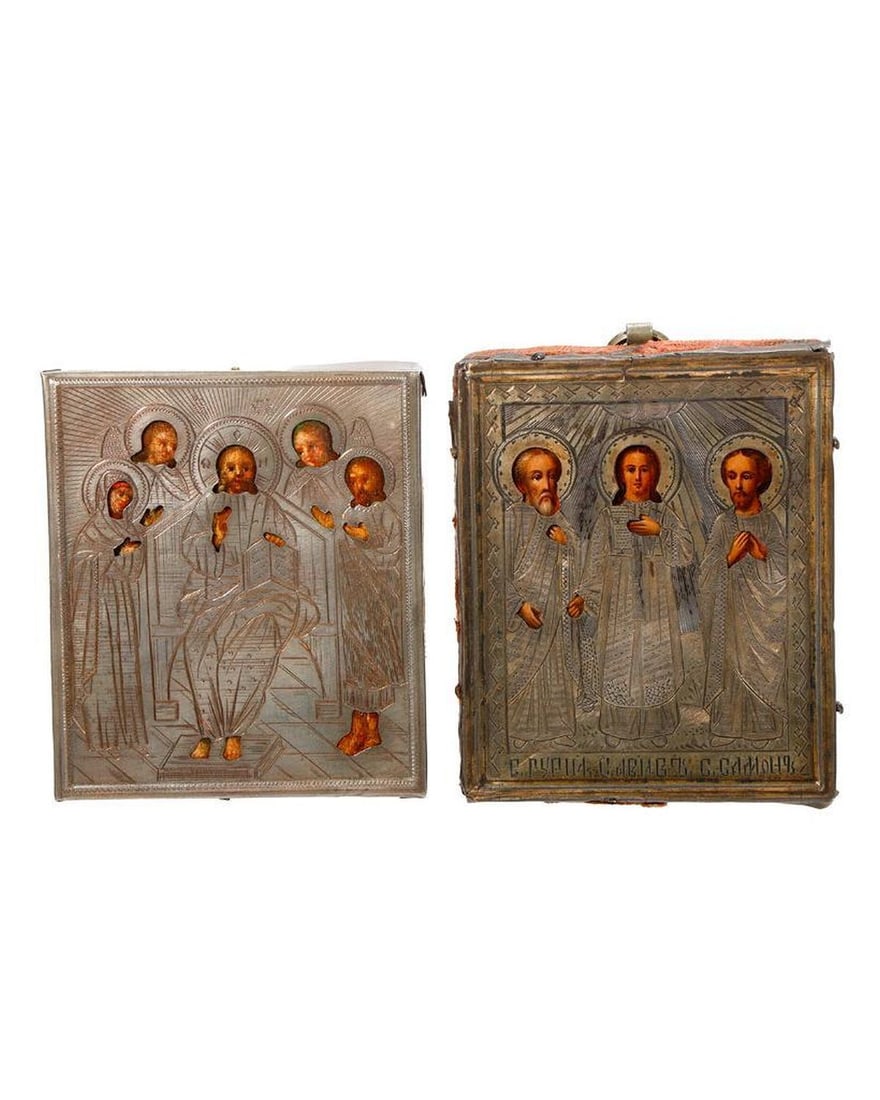 Two Russian Silver Miniature Icons, Christ and Saints. (1 of 3)