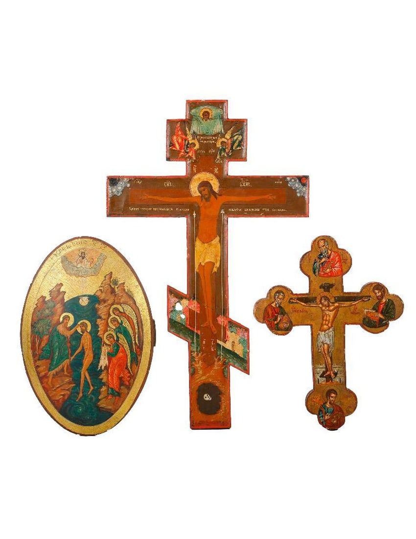 Two Painted Crucifixes, and a Gilt Plaque. (1 of 3)