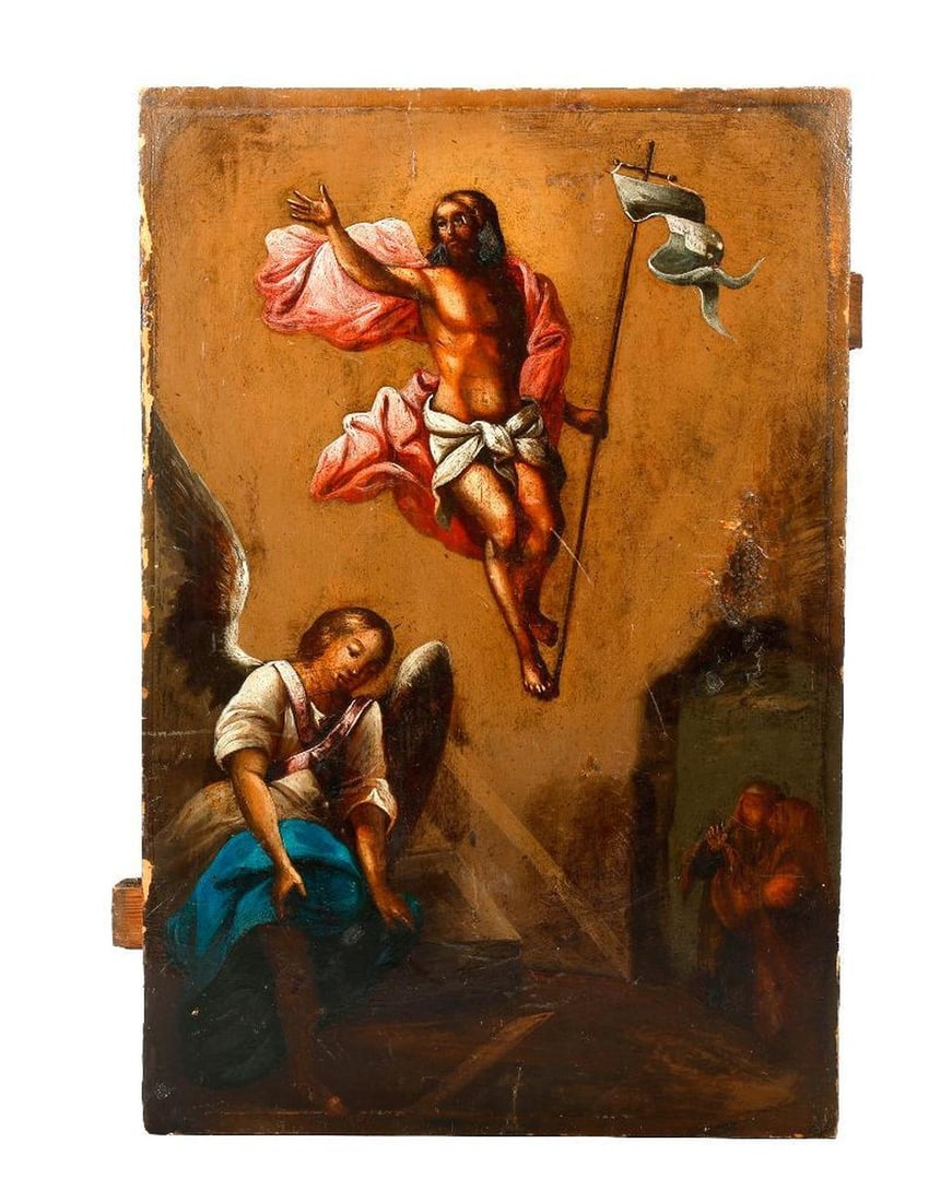 An Icon Panel of the Resurrection.: Eastern Europe, Circa 19th Century. An icon of the Resurrection, tempera on wood panel. 18" x 11 3/4". Depicting Christ floating with flowing red mantle, an angel kneeling at the tomb below, Theotokos