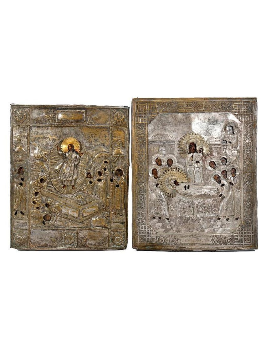 Two Icons with Silver Metal Relief Oklads. (1 of 2)