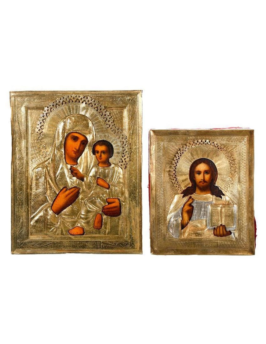 Two Gilt-Metal Icons, Theotokos and Christ.: Eastern Europe, 19th/20th Century. Two icons, tempera on wood panels, with chased and relief-gilt metal oklads; depicting the Theotokos as the Virgin Hodegetria (7" x 5 3/4"); and Christ Pantocrator (