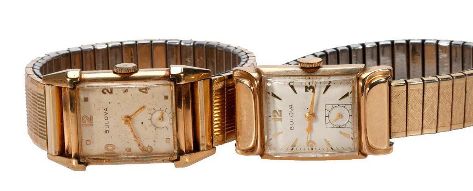 Two Vintage Bulova Tank Watches: Two Vintage Bulova Tank 10k Gold Filled Watches. NOTE: Watches were running prior to auction, all watches are sold as is regardless of functionality. Please examine the provided photos to thoroughly e