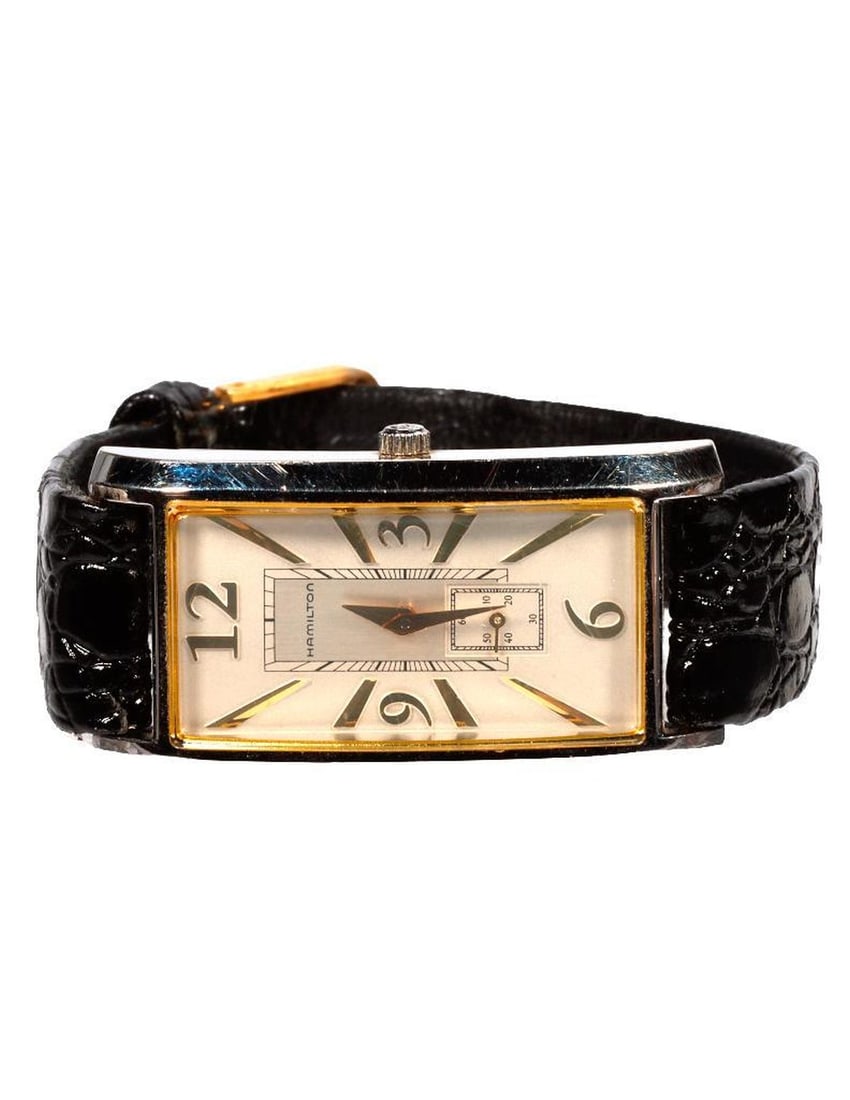 Hamilton Reissue Wrist Watch: Hamilton Reissue Art Deco Style Rectangular Wrist Watch. NOTE: Watch was running prior to auction, all watches are sold as is regardless of functionality. Please examine the provided photos to thoroug