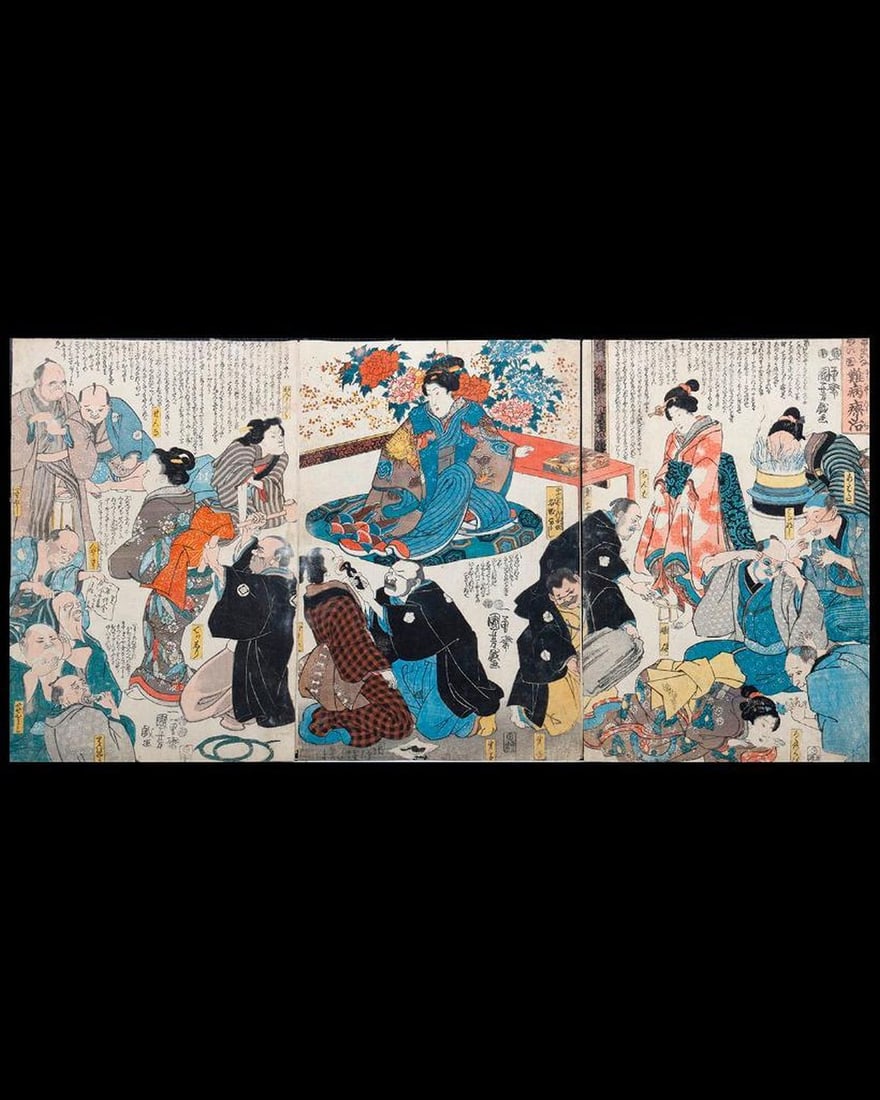Kuniyoshi UTAGAWA (1797/98-1861): Artist : Kuniyoshi UTAGAWA (1797/98-1861). Series : The Marvelous Doctor Treats Serious Diseases (Kitai na meii nanbyo ryoji). Date : 1850. Medium: Woodblock (triptych). Dimensions : 14" x 9 1/2" each