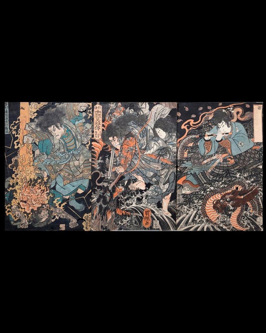 Kuniyoshi UTAGAWA (1797/98-1861) KUNITERU UTAGAWA (1808-1876): Artist :Kuniyoshi UTAGAWA (1797/98-1861) KUNITERU UTAGAWA (1808-1876). Series : Ghost of Akugenda Yoshihira / Lives of Heroes of Country. Date : 1847-52. Medium: Woodblock, (Three prints). Dimensions 