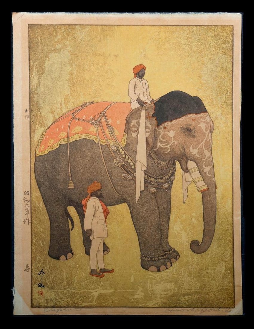 Hiroshi YOSHIDA (1876-1950): Artist :Hiroshi YOSHIDA (1876-1950) Series : Elephant Date : c.1931 Medium: Woodblock, signature is pencil signed Dimensions : 15 3/4" x 10 3/4" (paper size) Condition :Overall condition good. Small r