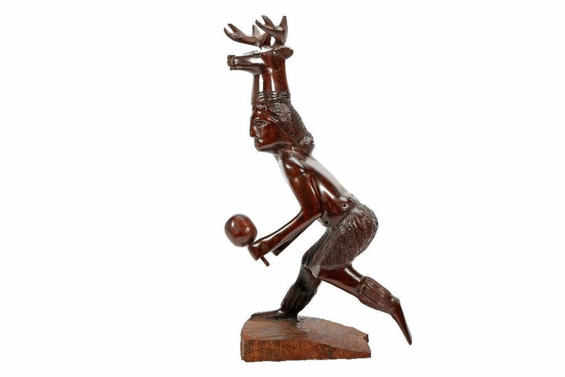 Carved Wood Deer Dancer Figure.: Carved wood deer dancer figure with antler headdress, mounted on wood base. Appears unsigned. Total height 17" x 9" wide. Condition good; rattle missing from one hand.