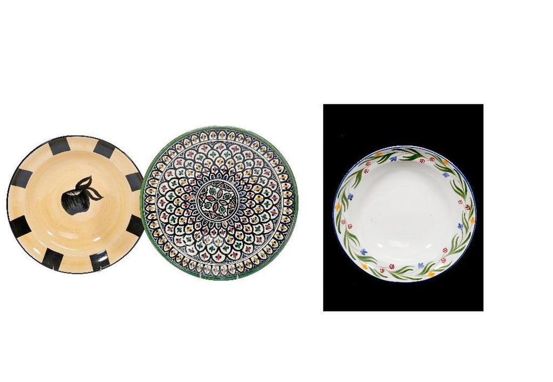 Decorative Moroccan Bowl, with others.: The Morrocandish signed on base "Safi"; 15 5/8in diam. (three spots of loss to glaze). Together with two large bowls: one marked "Laurie Gates, Los Angeles Pottery"; the other unmarked.