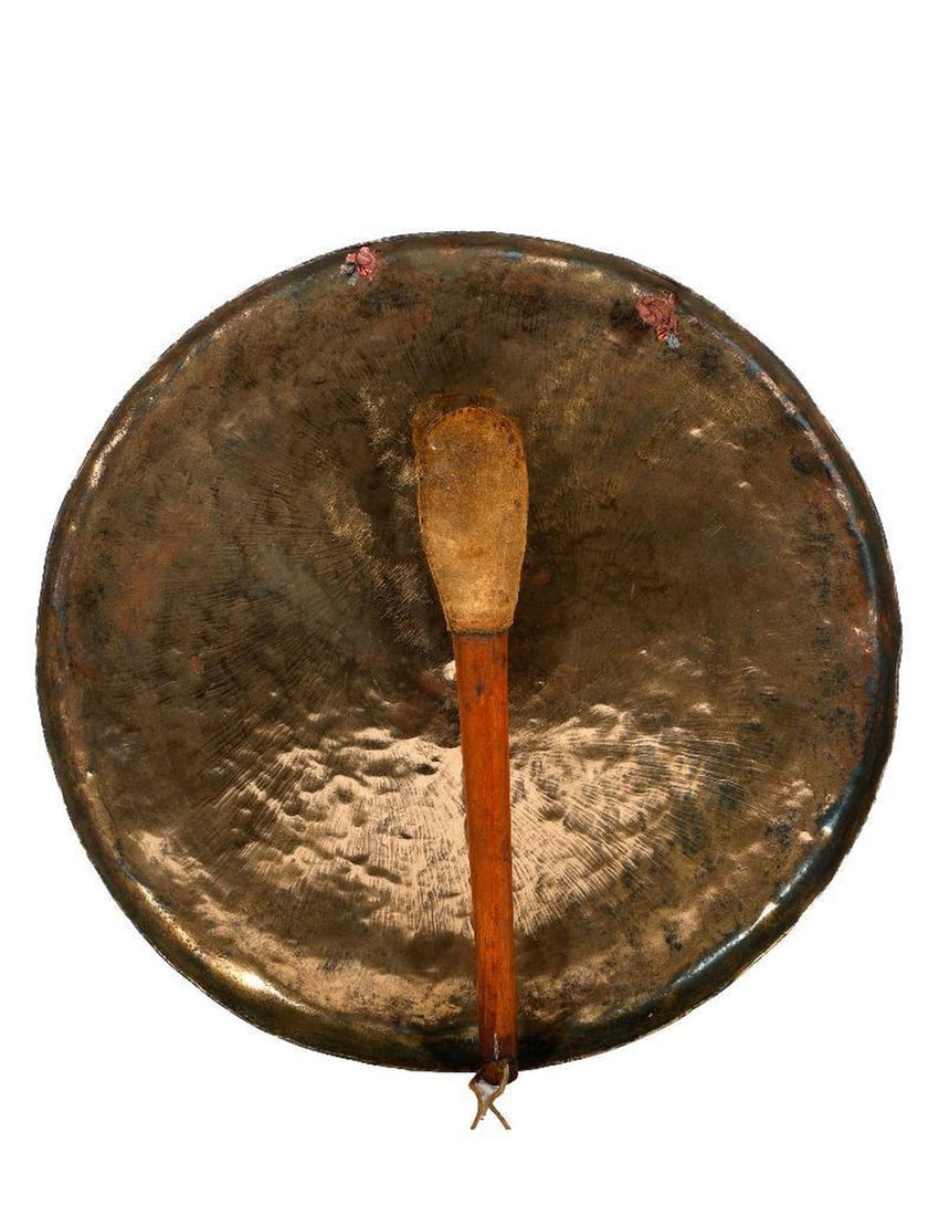 Vintage Ship's Gong and Mallet.: The brass/metal hanging gong measures 17" in diameter; with wood/fabric mallet. FROM THE FAMILY OF CAPTAIN CARLETON COLE CHAMPION, JR. (1896-1971).